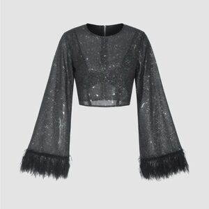 Cider Black & Silver Long Sleeve Crop Top & Bra Feather Fringe Size L Brand New